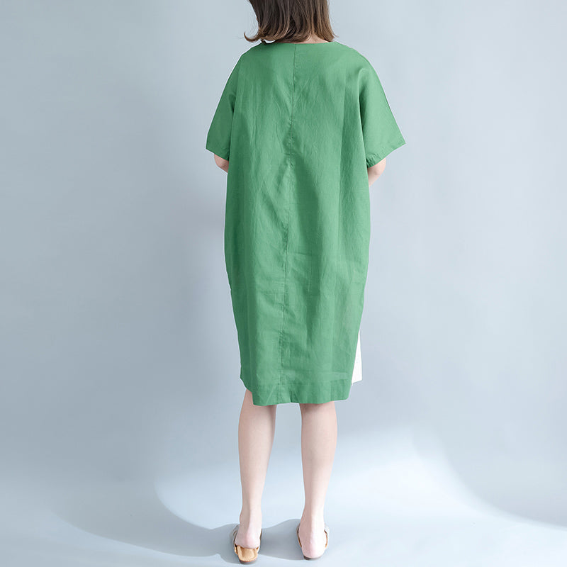 feine grüne Midi-Leinenkleider Plus Size Kleidung Hemdkleid Elegante O-Ausschnitt Patchwork Leinenkleider