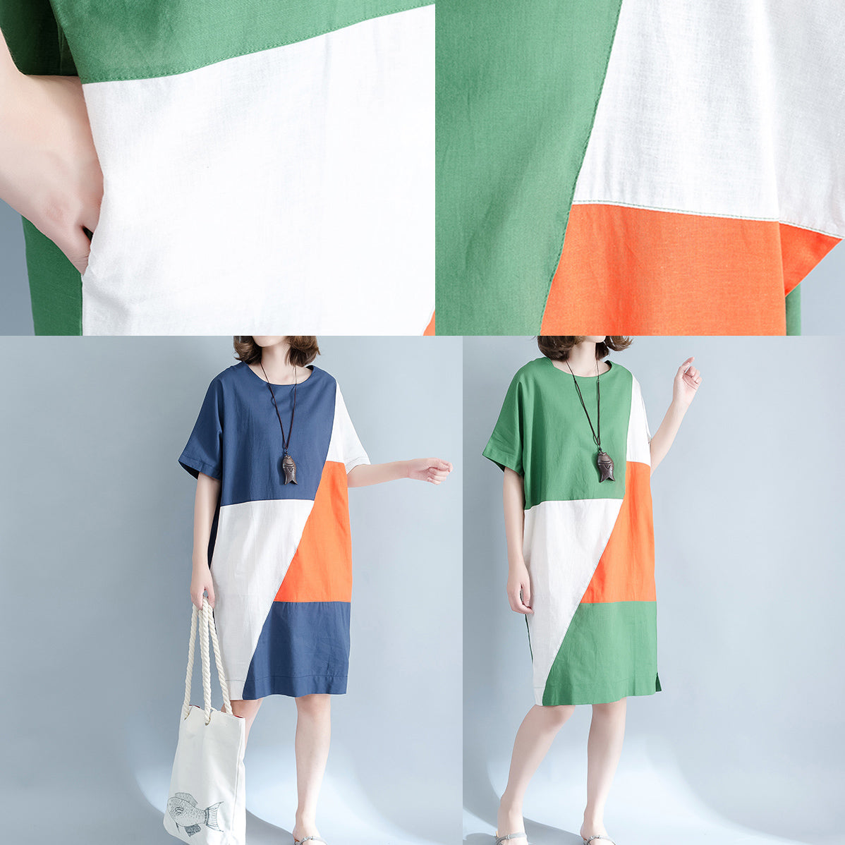 feine grüne Midi-Leinenkleider Plus Size Kleidung Hemdkleid Elegante O-Ausschnitt Patchwork Leinenkleider