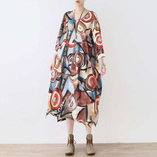 feines khaki-beige bedrucktes Baumwollkleid in Übergröße, seitlich offenes Kleid, feine Maxikleider mit Rundhalsausschnitt