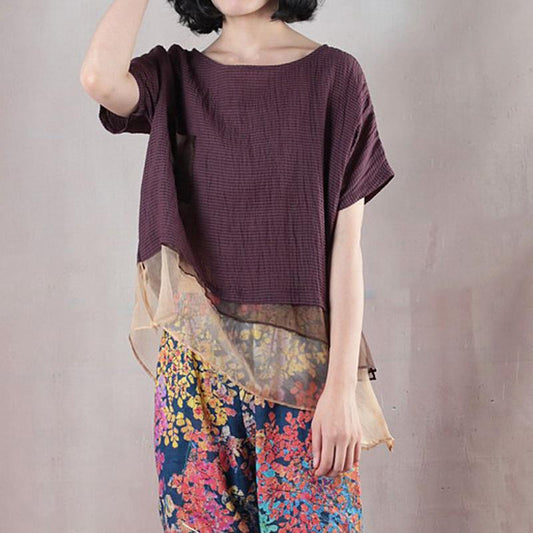 Bluse aus feinem Leinengemisch in Übergröße, lockere, kurzärmlige, gestreifte rote Bluse aus Leinen