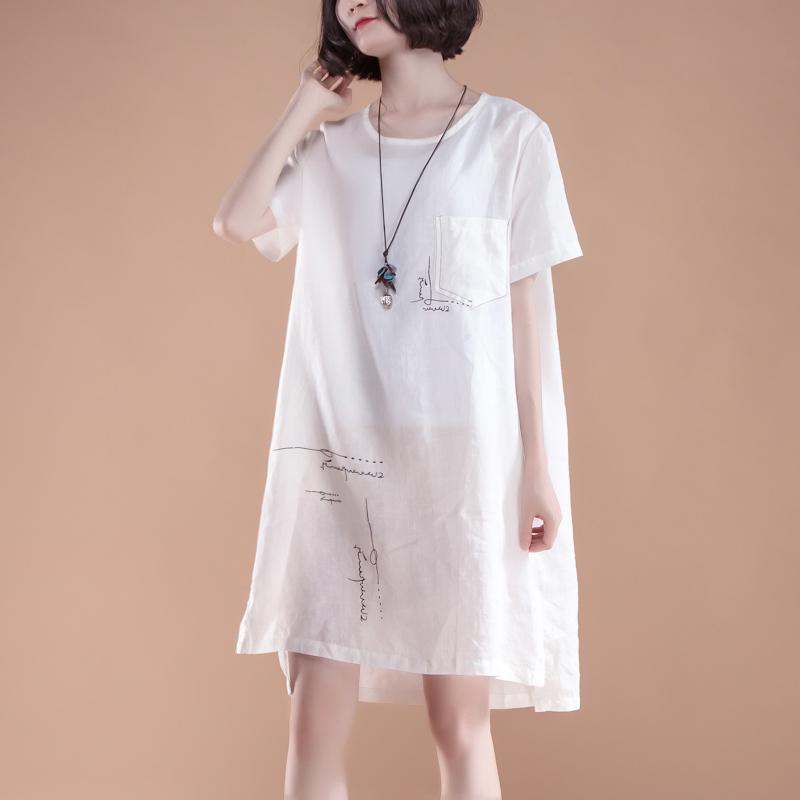 feines Leinen-Baumwollkleid Oversize High-Low-Saum Sommer Kurzarm Taschen Schlitz Weißes Kleid