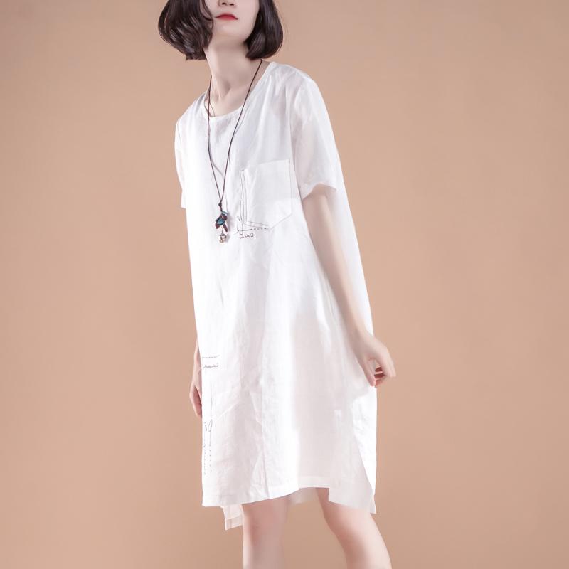 feines Leinen-Baumwollkleid Oversize High-Low-Saum Sommer Kurzarm Taschen Schlitz Weißes Kleid