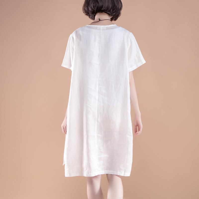 feines Leinen-Baumwollkleid Oversize High-Low-Saum Sommer Kurzarm Taschen Schlitz Weißes Kleid