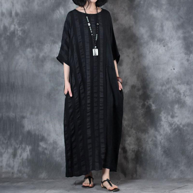 feines Leinenkleid trendiges Plus-Size-Retro-Lockeres Rundhals-12-Ärmel-Schwarzes Kleid