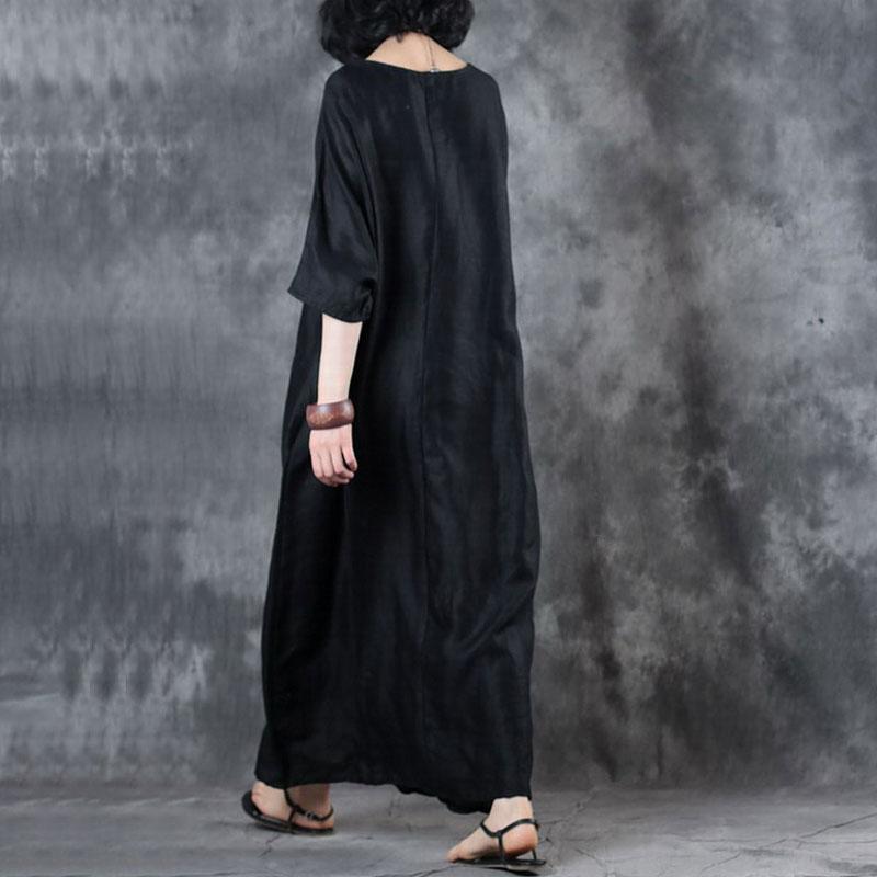 feines Leinenkleid trendiges Plus-Size-Retro-Lockeres Rundhals-12-Ärmel-Schwarzes Kleid
