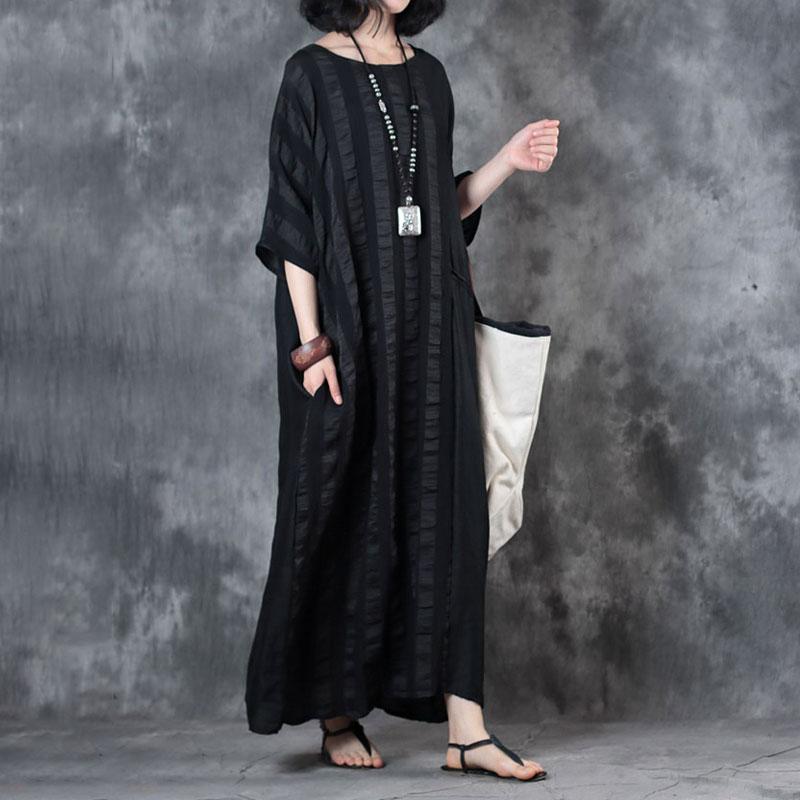 feines Leinenkleid trendiges Plus-Size-Retro-Lockeres Rundhals-12-Ärmel-Schwarzes Kleid