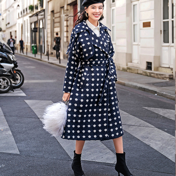 feiner marineblauer gepunkteter Mantel in Übergröße, gekerbter Trenchcoat 2018, Wolljacken mit Taillenbund