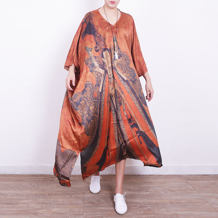 feines orangefarbenes Seidenkleid in Midilänge, Freizeitkleid in Übergröße, 2018, Seidenkleider mit V-Ausschnitt