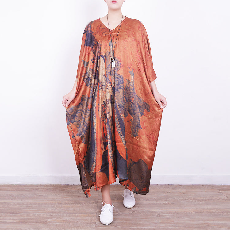 feines orangefarbenes Seidenkleid in Midilänge, Freizeitkleid in Übergröße, 2018, Seidenkleider mit V-Ausschnitt