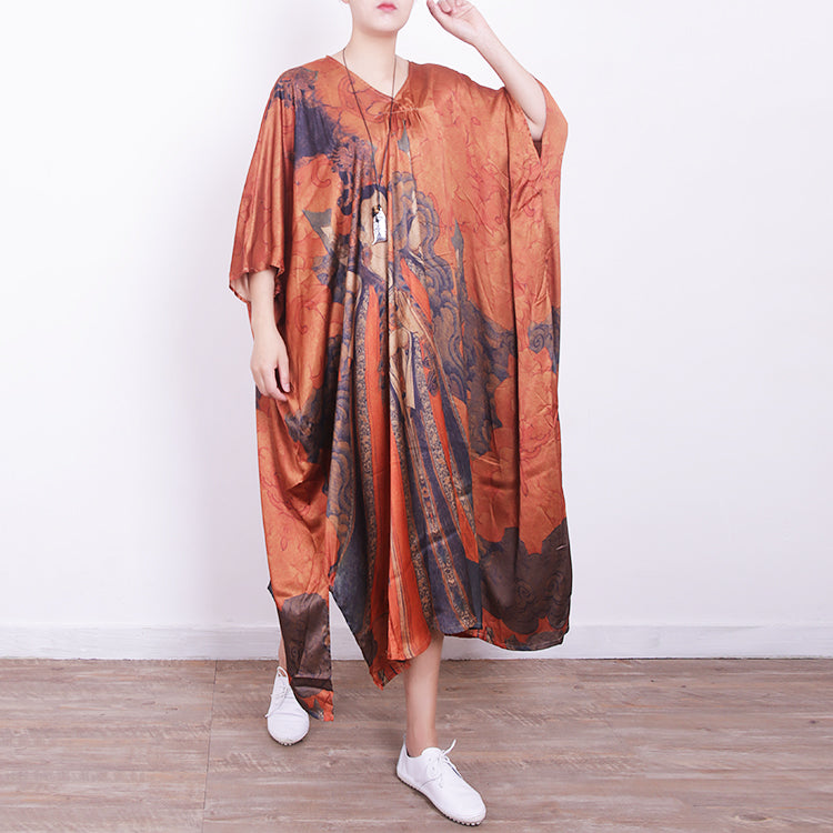 feines orangefarbenes Seidenkleid in Midilänge, Freizeitkleid in Übergröße, 2018, Seidenkleider mit V-Ausschnitt