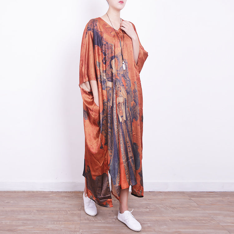 feines orangefarbenes Seidenkleid in Midilänge, Freizeitkleid in Übergröße, 2018, Seidenkleider mit V-Ausschnitt