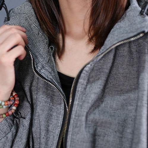 fine plus size winter coat fall outwear gray plaid hooded coats - SooLinen