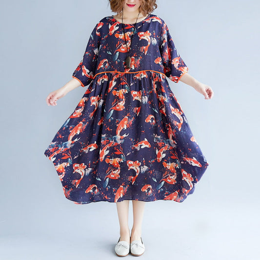 fine print holiday dress o neck long dress Extra large hem holiday dress