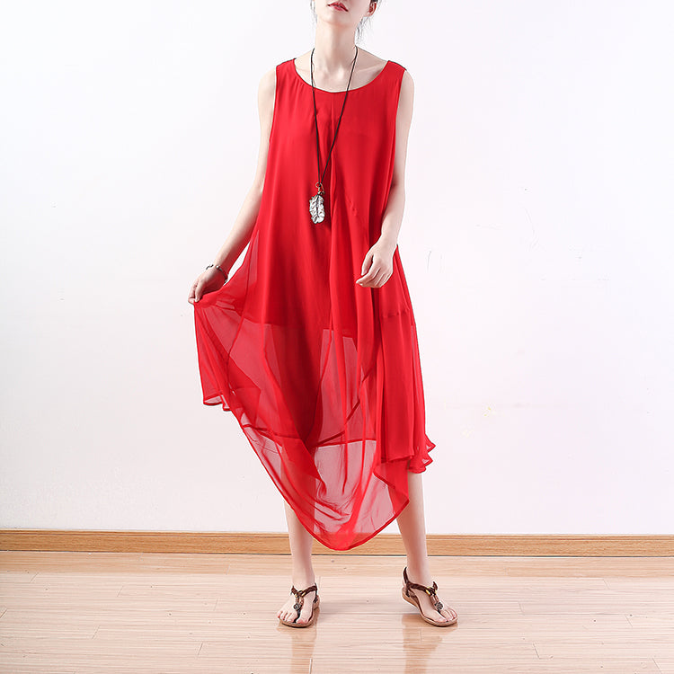 feines rotes Chiffonkleid Übergrößenkleidung asymmetrischer Saum Chiffonkleidung Kleider