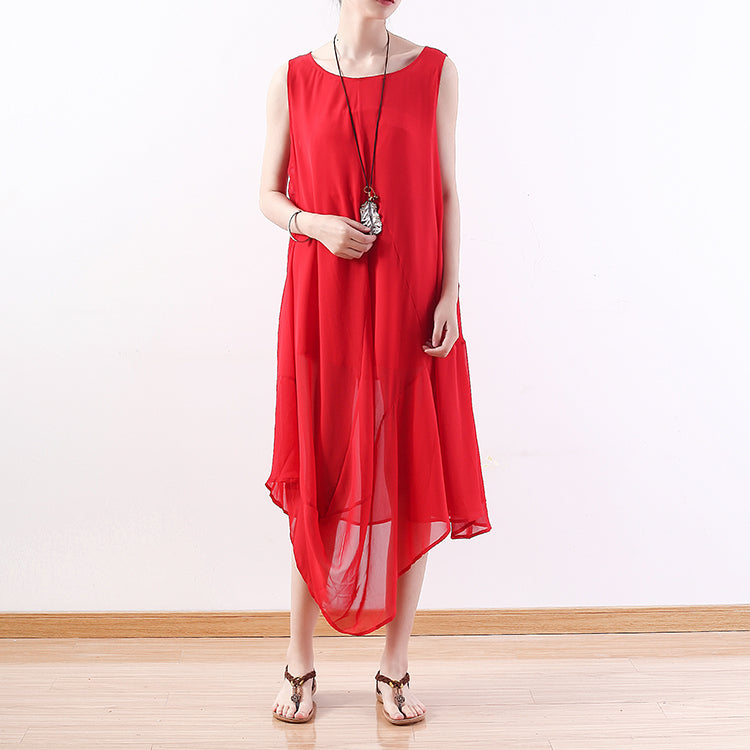 feines rotes Chiffonkleid Übergrößenkleidung asymmetrischer Saum Chiffonkleidung Kleider