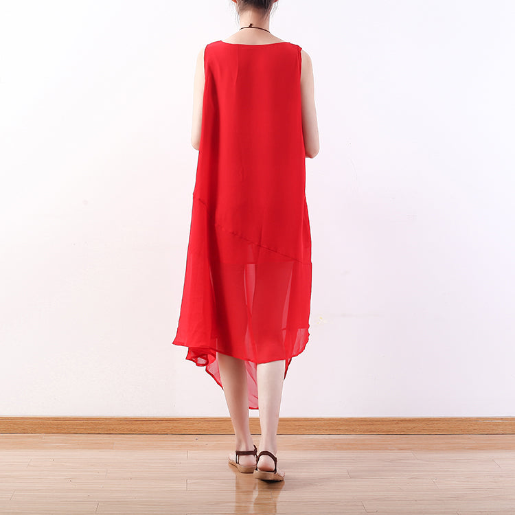 feines rotes Chiffonkleid Übergrößenkleidung asymmetrischer Saum Chiffonkleidung Kleider
