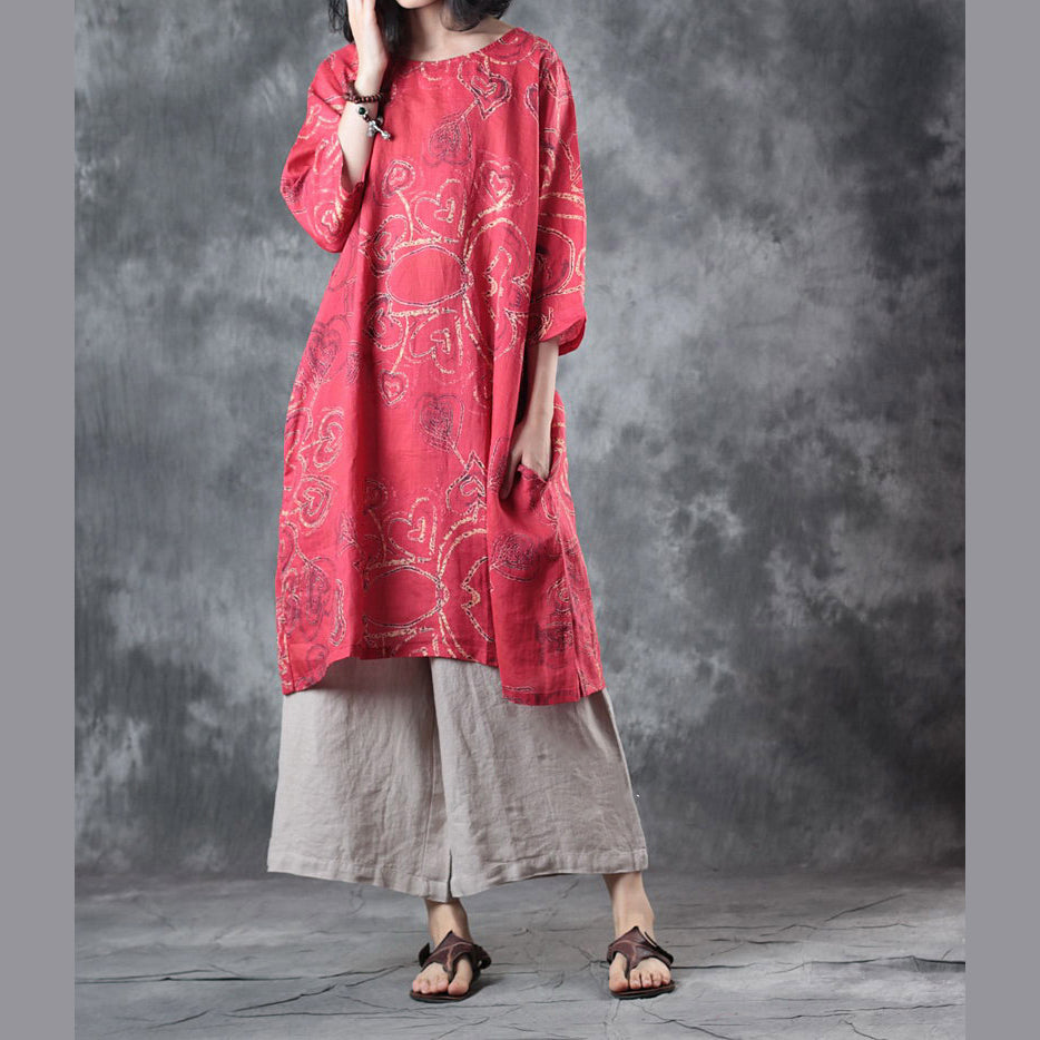 feine rote Leinenoberteile Oversize-Reisebluse Damen Halbarm-Print O-Ausschnitt Leinenblusen