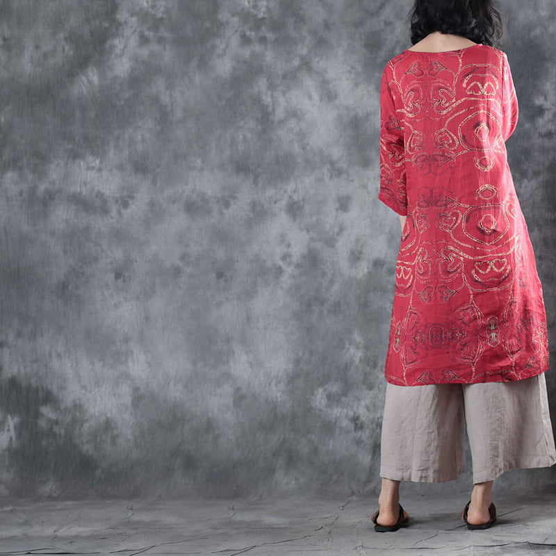 feine rote Leinenoberteile Oversize-Reisebluse Damen Halbarm-Print O-Ausschnitt Leinenblusen