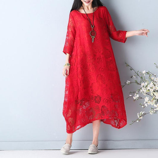 feines rotes Sommer-Aushöhlen-Maxikleid mit O-Ausschnitt, halblanges Sommerkleid, asymmetrisches Chiffonkleid