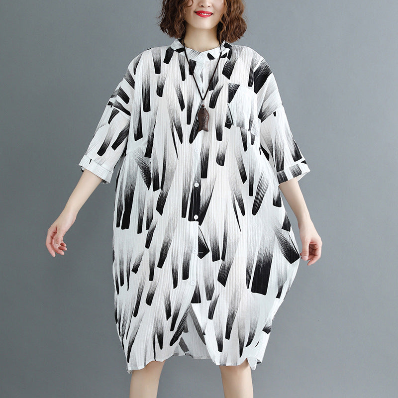 feines weißes Printkleid aus natürlichem Baumwollleinen übergroßes Maxikleid feine Halbarm-O-Ausschnitt-Stand-Baumwollkleidung