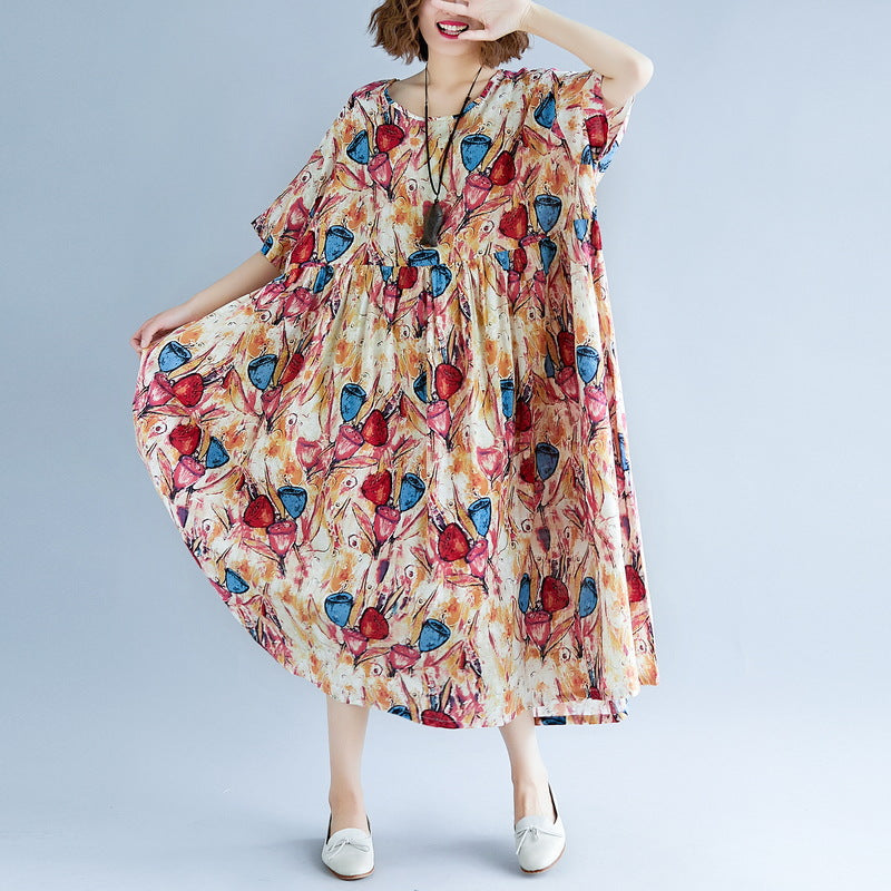 feines gelbes langes Baumwoll-Leinen-Kleid übergroßes Kurzarm-Baggy-Kleid mit Print, lässiges O-Ausschnitt-Reisekleid