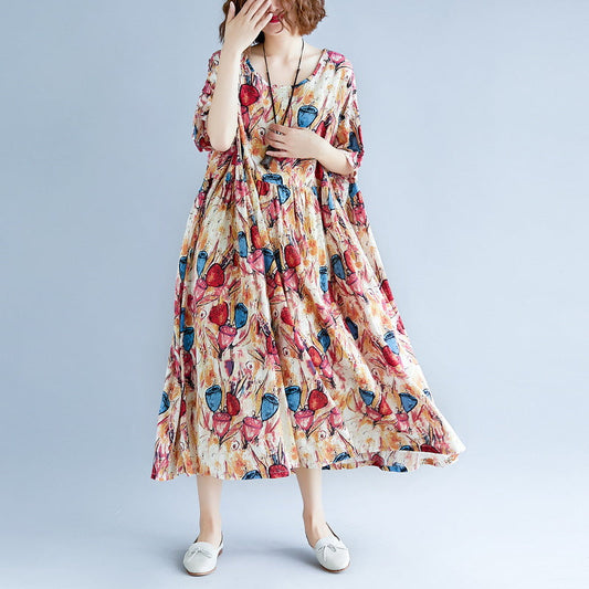 feines gelbes langes Baumwoll-Leinen-Kleid übergroßes Kurzarm-Baggy-Kleid mit Print, lässiges O-Ausschnitt-Reisekleid