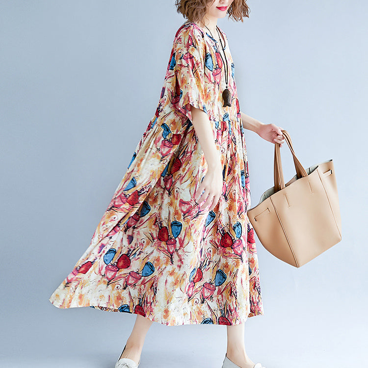feines gelbes langes Baumwoll-Leinen-Kleid übergroßes Kurzarm-Baggy-Kleid mit Print, lässiges O-Ausschnitt-Reisekleid