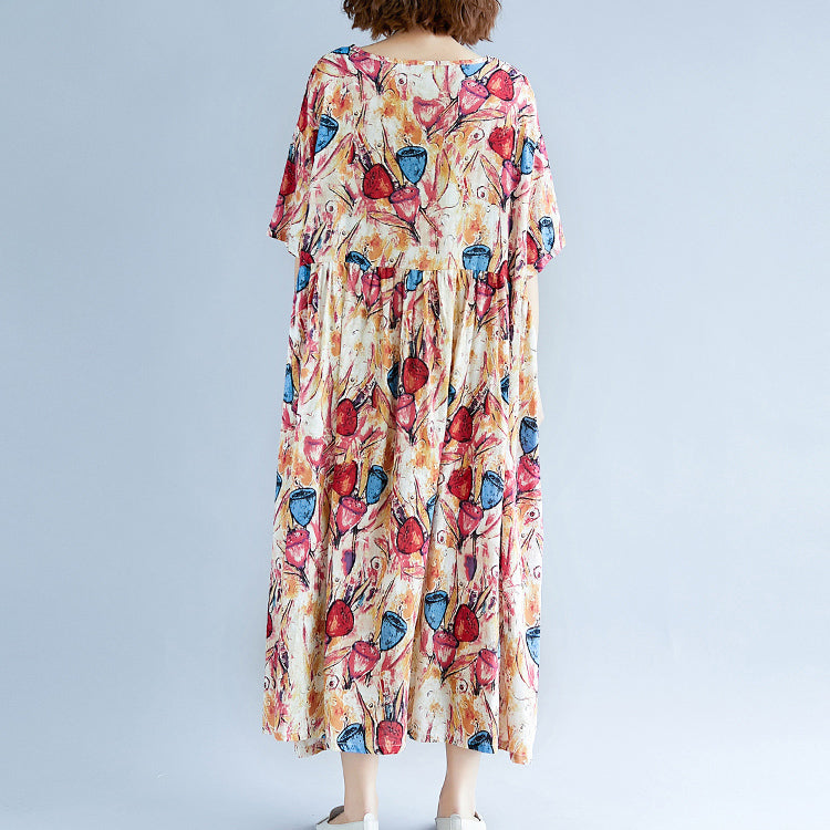 feines gelbes langes Baumwoll-Leinen-Kleid übergroßes Kurzarm-Baggy-Kleid mit Print, lässiges O-Ausschnitt-Reisekleid