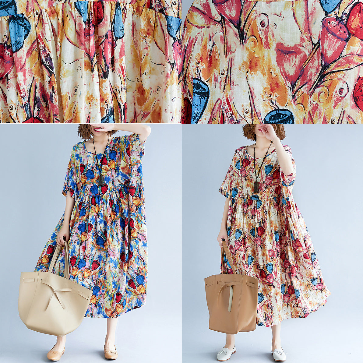 feines gelbes langes Baumwoll-Leinen-Kleid übergroßes Kurzarm-Baggy-Kleid mit Print, lässiges O-Ausschnitt-Reisekleid