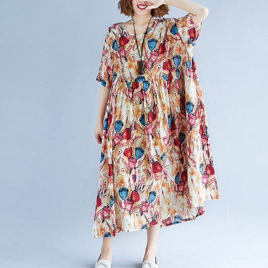 feines gelbes langes Leinenkleid übergroßes Kurzarm-Baumwollkleid mit Print 2018 O-Ausschnitt Leinen-Baumwollkleid