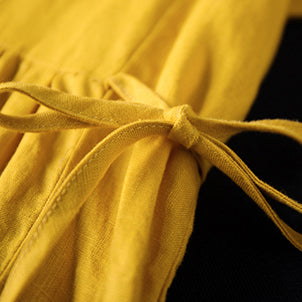 feines gelbes Naturleinenkleid trendige Plus-Size-Reisekleidung mit O-Ausschnitt Elegante Maxikleider mit kurzen Ärmeln und Taillenbund