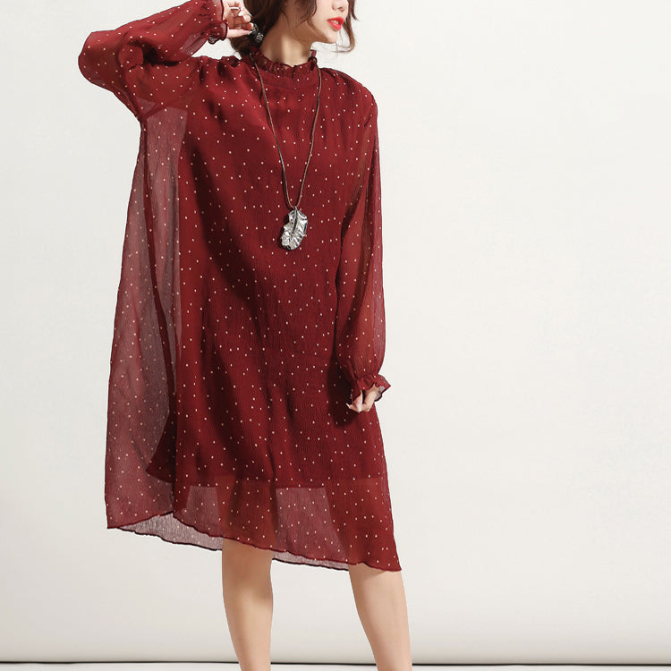 trendiges burgunderrotes gepunktetes Sommerkleid Stand Langarm Brautjungfernkleid Cinched Tüllkleid