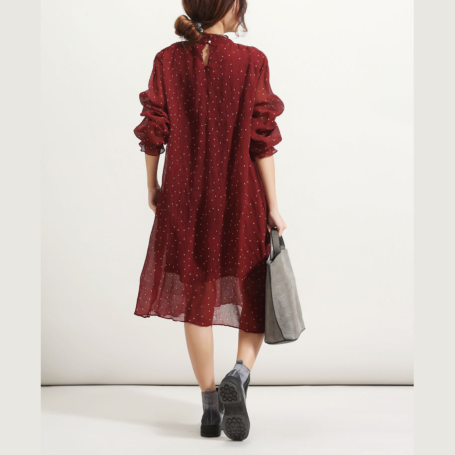 trendiges burgunderrotes gepunktetes Sommerkleid Stand Langarm Brautjungfernkleid Cinched Tüllkleid