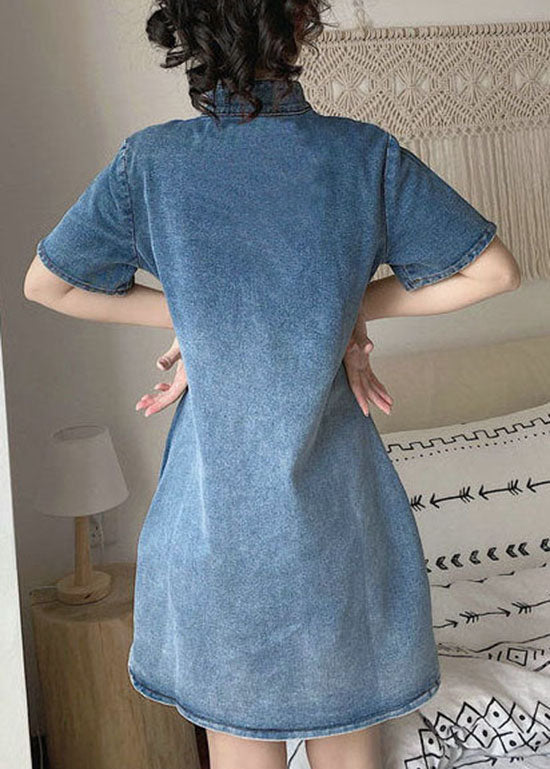 vintage Blue Stand Collar button Embroideried Denim Dresses Short Sleeve