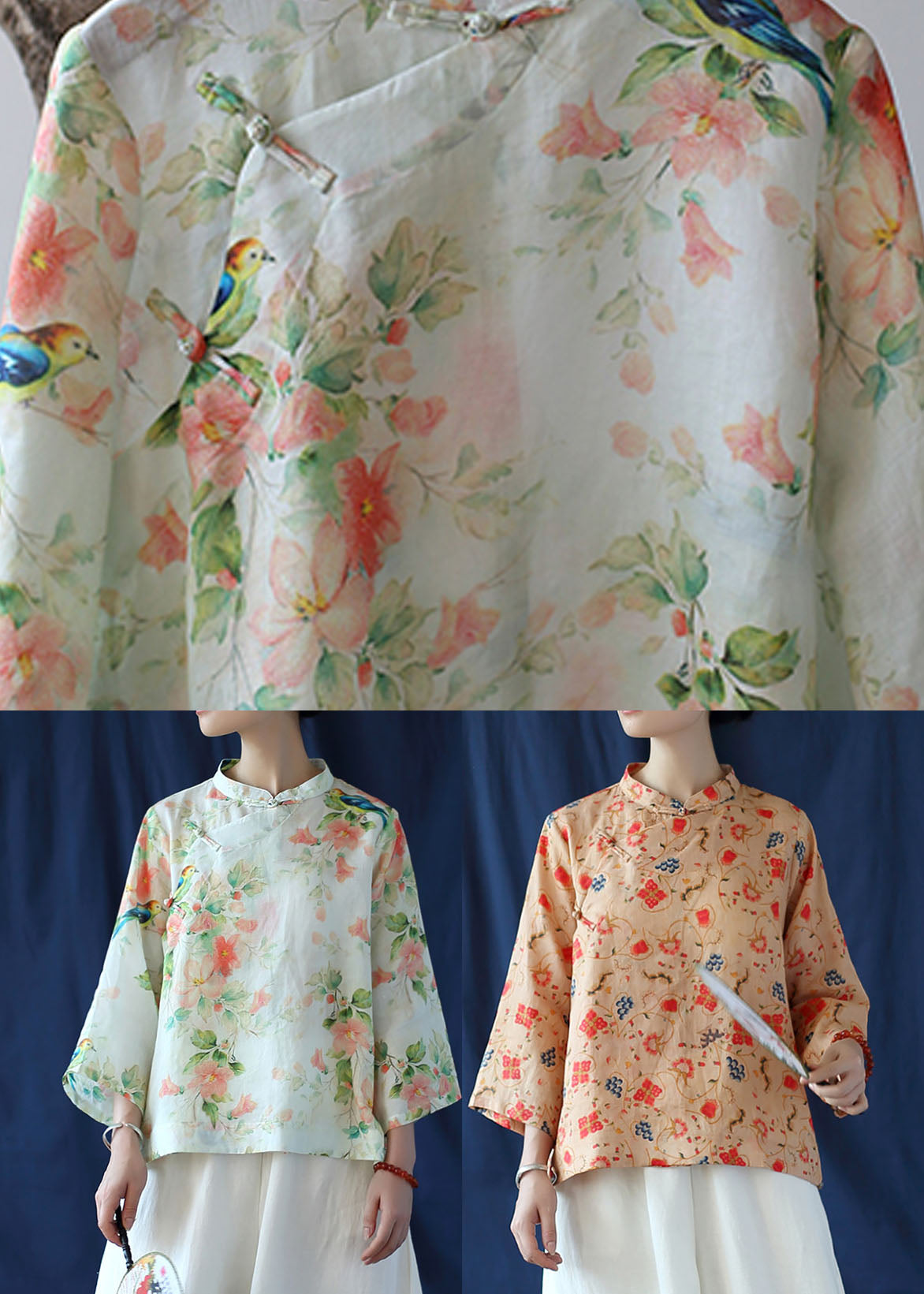 vintage Khaki button print Linen Shirt tops Three Quarter sleeve