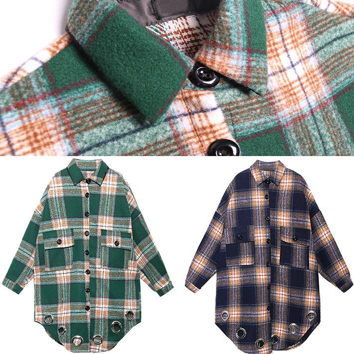 vintage Loose fitting Winter coat blue purple plaid lapel pockets wool overcoat - SooLinen