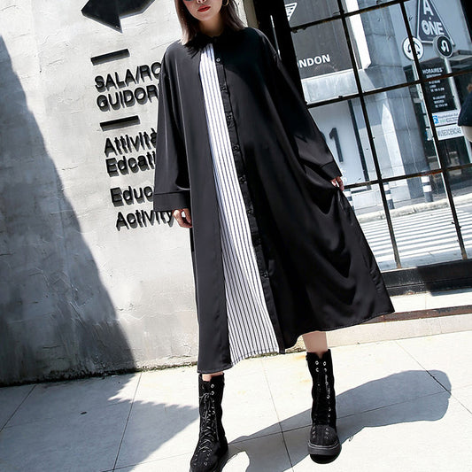 Vintage schwarze Kaftane übergroße Umlegekragen Herbstkleider Elegante Patchwork Baggy Kleider