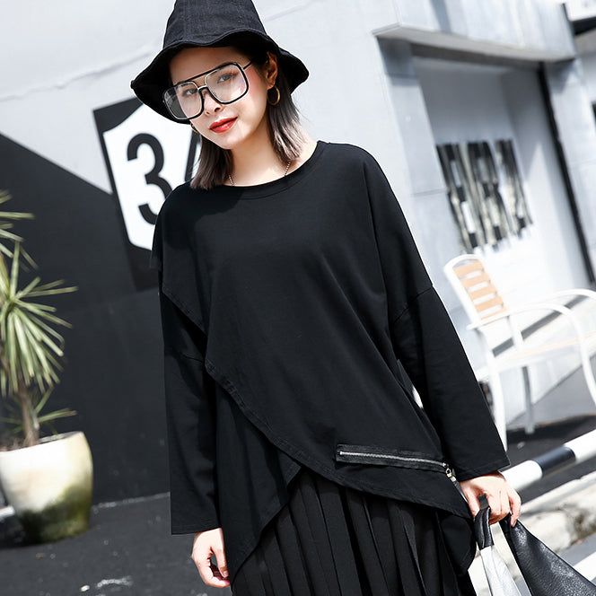 Vintage schwarzer Pullover aus Baumwollmischung in Übergröße mit O-Ausschnitt und asymmetrischen Hemden 2018, lange Ärmel, kurzes T-Shirt mit Reißverschluss