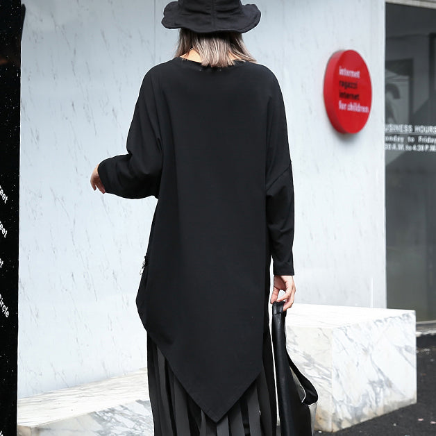 Vintage schwarzer Pullover aus Baumwollmischung in Übergröße mit O-Ausschnitt und asymmetrischen Hemden 2018, lange Ärmel, kurzes T-Shirt mit Reißverschluss