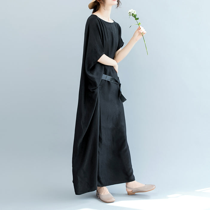 Vintage schwarzes Kleid aus Naturseide, gemischt, Übergröße, O-Ausschnitt, Patchwork, Taillenbund, Leinenkleidung, Kleider, Boutique, kurzärmelige Baggy-Kleider