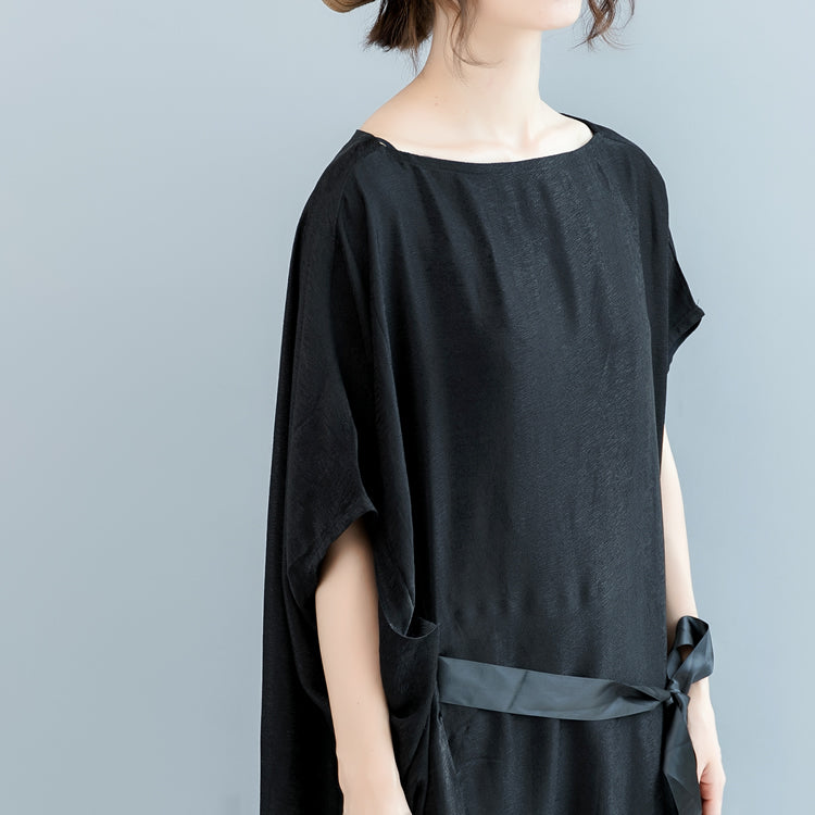 Vintage schwarzes Kleid aus Naturseide, gemischt, Übergröße, O-Ausschnitt, Patchwork, Taillenbund, Leinenkleidung, Kleider, Boutique, kurzärmelige Baggy-Kleider