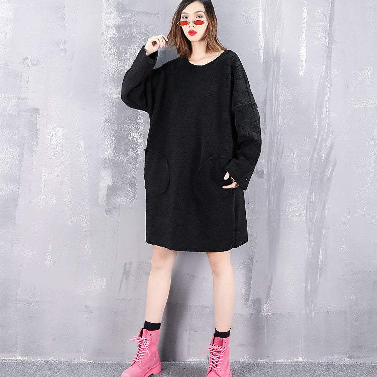 Vintage schwarze Tops aus reiner Wolle Oversize O-Ausschnitt Urlaubstops Neue Taschen Wollkleidung