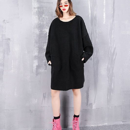 Vintage schwarze Tops aus reiner Wolle Oversize O-Ausschnitt Urlaubstops Neue Taschen Wollkleidung