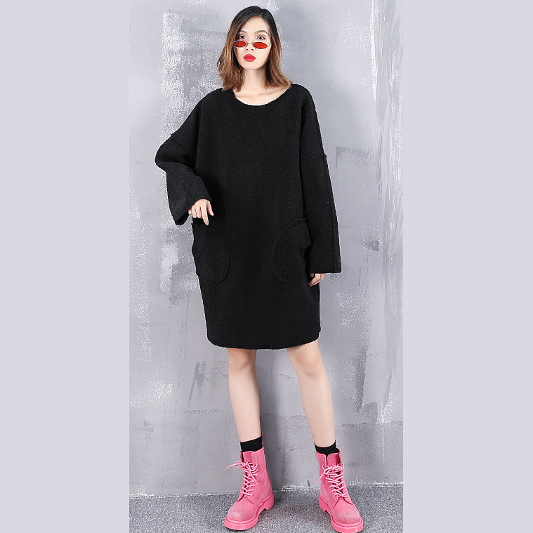 Vintage schwarze Tops aus reiner Wolle Oversize O-Ausschnitt Urlaubstops Neue Taschen Wollkleidung