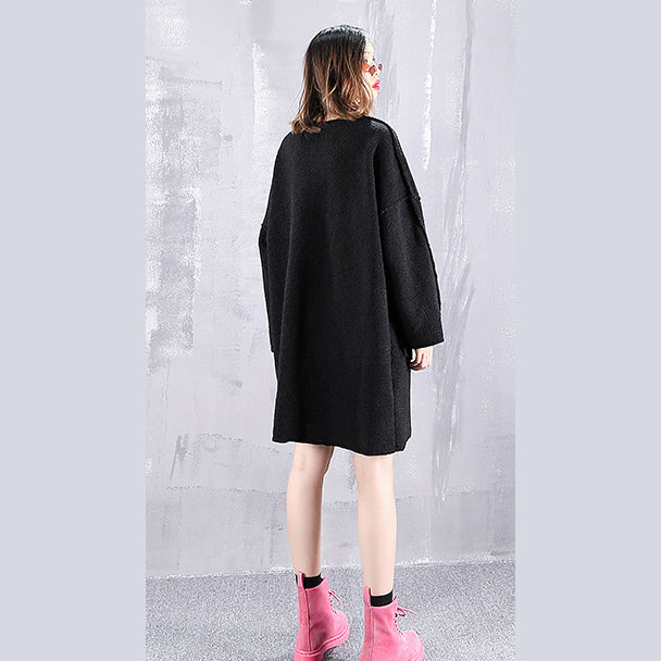 Vintage schwarze Tops aus reiner Wolle Oversize O-Ausschnitt Urlaubstops Neue Taschen Wollkleidung