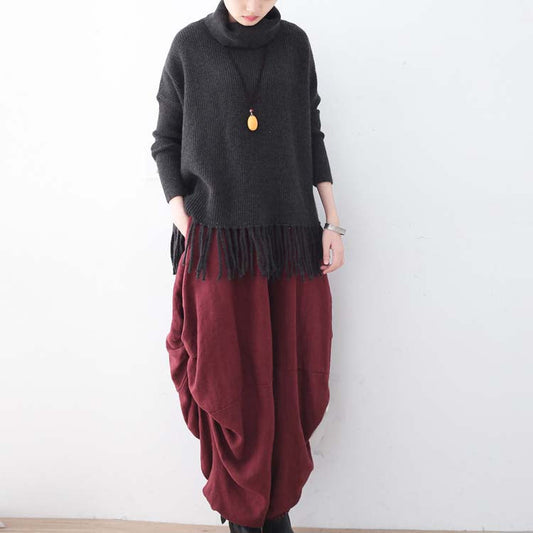 Vintage schwarzgrüner gemütlicher Pullover Herbstmode Quaste Strick Sweat Tops Elegantes High Neck Shirt