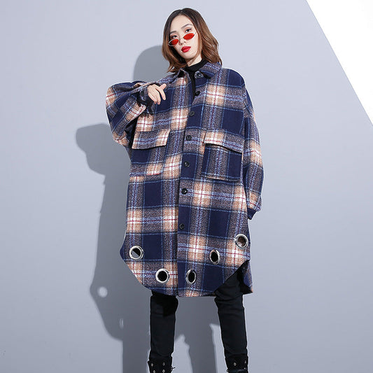 Vintage blau karierte Mäntel plus Größe Umlegekragen Wintermantel Boutique Taschen Mantel