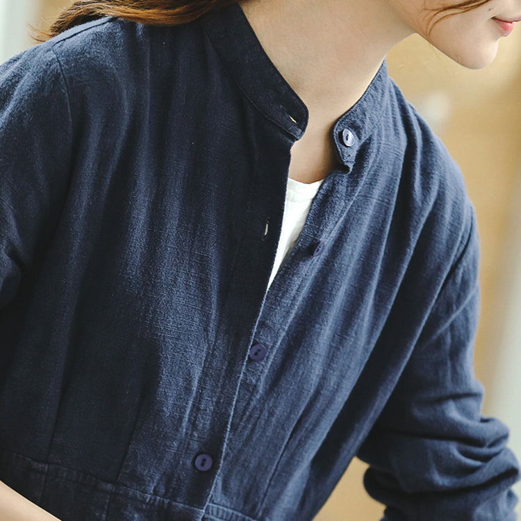 Vintage blauer Mantel Oversize Stehkragen langer Mantel Vintage Langarm Mantel mit großem Saum