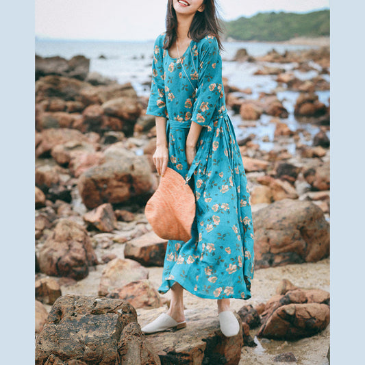 Vintage blau geblümten Leinen Kaftane übergroßen O-Ausschnitt Baggy Kleider Kaftane neue Dreiviertel Ärmel Krawatte Taille Kleid