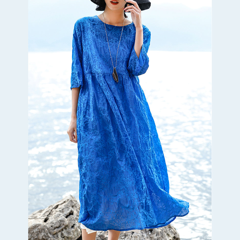 Vintage blaues Leinenkleid aus natürlicher Seide Locker sitzende O-Ausschnitt-Kleidung aus Seidenleinen für Damen Dreiviertelärmelige Baggy-Kleider